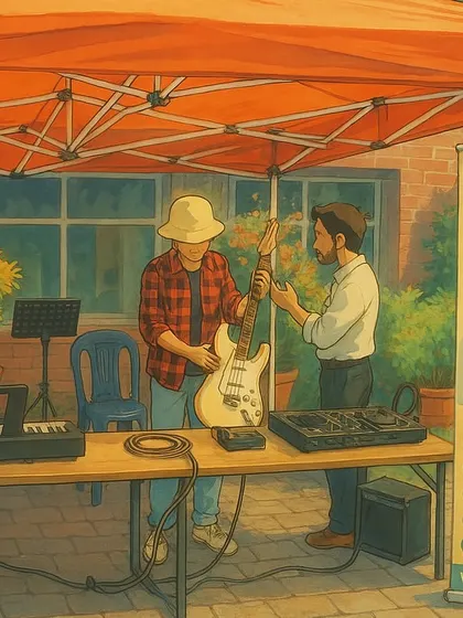 An AI-generated image of our stall at a music event. We love participating in community events to share our passion for music.