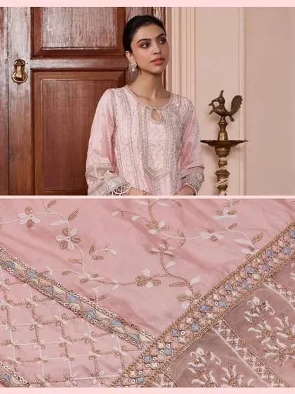 More details of the Briti Pink Kurta Set, showing the beautiful fabric and embroidery work on the dupatta.