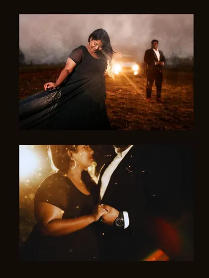 A collage of the couple in the rain, showing both the wide shot and intimate close-ups. This demonstrates how we can create a full story even in challenging conditions.