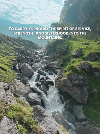 A rushing stream in a green valley on the Hampta Pass. This trek was a journey to carry forward the spirit of service, strength, and sisterhood into the mountains.