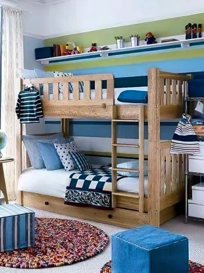 A duplicate of image 95, this kids' room with a wooden bunk bed showcases a timeless design that is both sturdy and stylish, perfect for growing children.