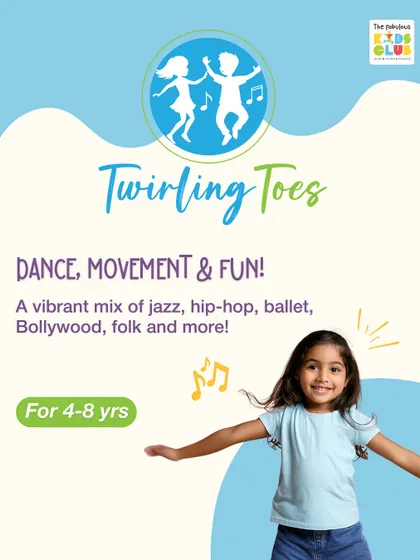 Twirling Toes is our vibrant dance, movement, and fun program for children aged 4 to 8. We explore a mix of jazz, hip-hop, ballet, Bollywood, and folk, giving kids a wide range of styles to enjoy and express themselves with.