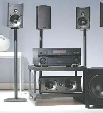 A full Definitive Technology ProMonitor setup with an AV receiver. This shows how you can build a high-performance system with satellite speakers on stands, a dedicated center channel, and a matching subwoofer for a cohesive look and sound.