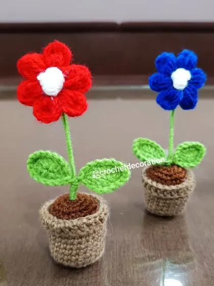 A pair of our crochet puffy flower pots in bright red and blue. The simple design and vibrant colors make them a fun decorative item.