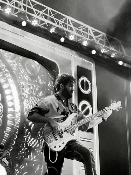 A classic black and white shot of our bassist in his element during our set at Thee Flea in Surat.
