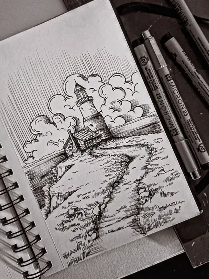 A moody landscape sketch of a lighthouse on a cliff, done with Micron ink pens. This is an example of my 'Inktober' work, where I focus on creating atmosphere with just black ink.