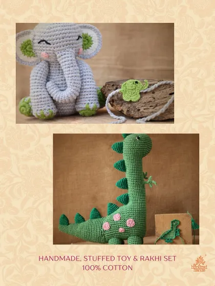 The perfect gift for a younger sibling. This handmade, 100% cotton stuffed toy comes with a matching Rakhi.