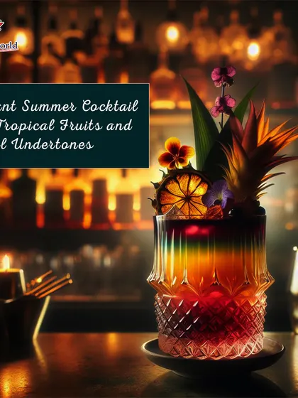 A vibrant, layered summer cocktail with tropical fruits and floral undertones. The complex presentation and exotic garnishes showcase our commitment to creating drinks that are works of art.