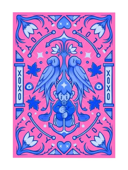 'CLOY in the colours of cotton candy.' This is a colored digital illustration with a symmetrical design, inspired by love and affection.