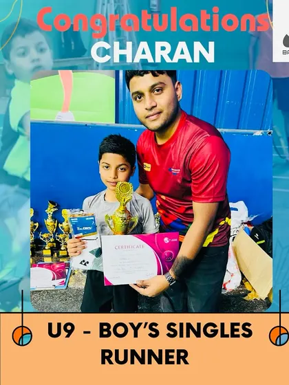 Congratulations to Charan for securing the runner-up position in the Under-9 Boys Singles. His fighting spirit is commendable.
