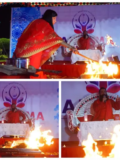 A collage from our Fire Meditation Event in Vijayawada. Maa Aditiji is seen making offerings to the fire as Guruji guides the Satsang, demonstrating how we combine ritual and teaching for a holistic spiritual experience.