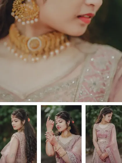 A collage focusing on the bride's details during her engagement shoot, including her jewellery, hairstyle, and elegant poses.