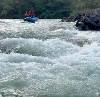 The churning white-water of the Kali River is a powerful sight, promising an exhilarating ride for our summer camp participants.