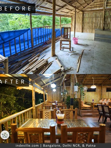 Another before and after view, this time of the restaurant's seating area. The image demonstrates how I used bamboo to construct everything from the railings to the tables and chairs, creating a cohesive, natural environment.