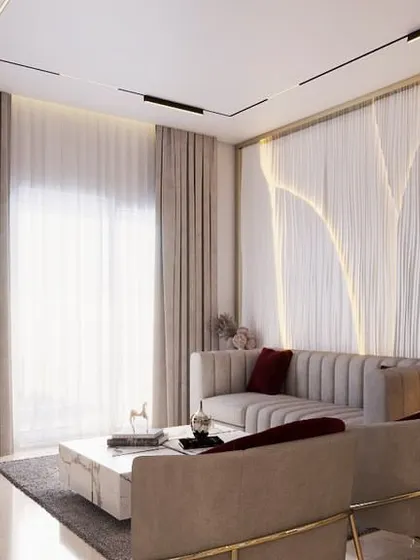 A view of the living room render, focusing on the dramatic backlit wall feature that adds depth and a warm glow to the space.