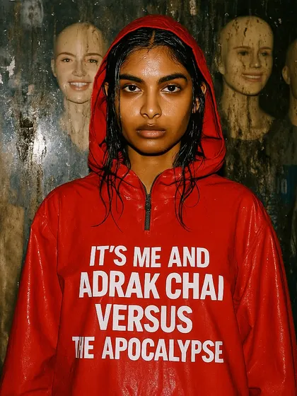 A woman in a red raincoat that says 'IT'S ME AND ADRAK CHAI VERSUS THE APOCALYPSE'. A duplicate image from the popular 'Rainquotes' series.