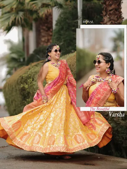 A beautiful shot of the bride twirling in her yellow and pink Haldi lehenga, showcasing her radiant smile.