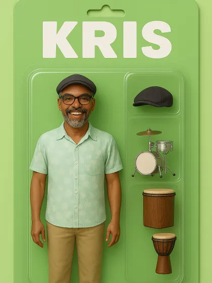 Meet Kris, our percussion guru, complete with his signature cap, djembe, and drum kit. He's the real-life action figure of rhythm at our academy.