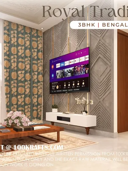 The living room in our 'Royal Traditional' project features a TV unit set against a textured wall, with traditional print curtains adding a touch of heritage.