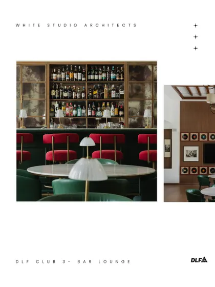 The bar lounge at DLF Club 3, where vintage elegance meets modern sophistication. The design features a bold interplay of color and material, with deep green and rich red furniture, brass accents, and curated decor like framed vinyl records.