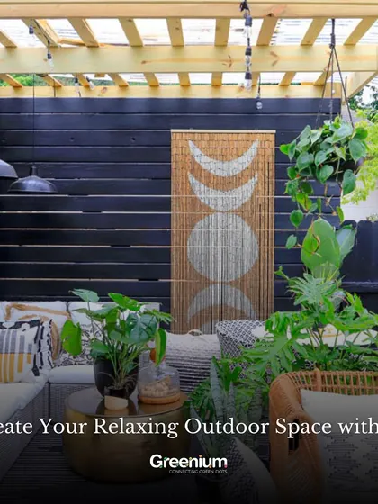 Let me help you create your relaxing outdoor space. This image shows a cozy, bohemian-style patio with a pergola, comfortable seating, and plenty of hanging plants.