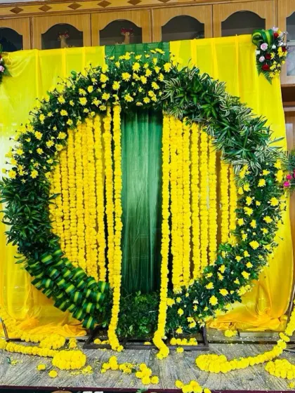 A well-lit photo of the Haldi stage, ready for the ceremony to begin.