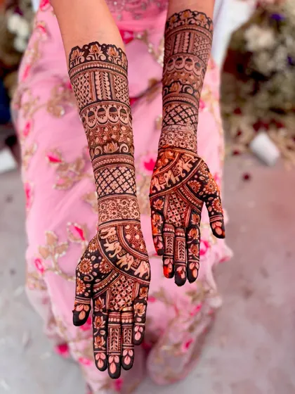 The full view of the fast-track bridal mehendi, featuring elephant motifs and intricate patterns.