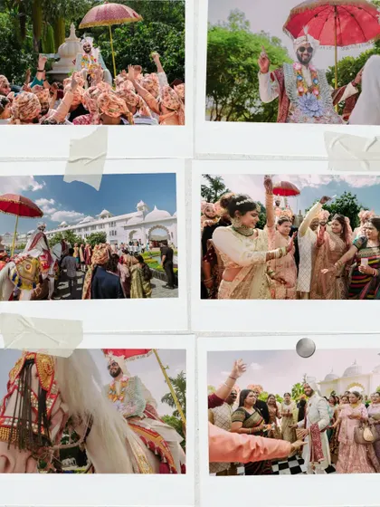A Polaroid-style collage showcasing the vibrant and joyous moments of a baraat procession at a destination wedding.