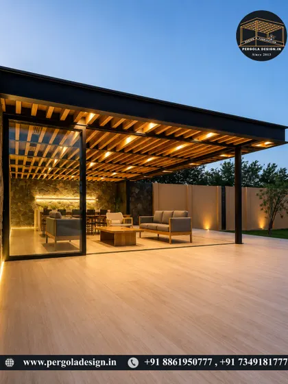 A spacious and modern patio with a wood-slat ceiling pergola. The open-sided design connects the indoor and outdoor spaces, creating a large, flowing area for relaxation or entertaining.