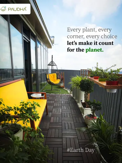 Every plant, every corner, every choice can make a difference. This Earth Day feature shows a bright, sunny balcony with vibrant yellow furniture, wooden deck flooring, and a variety of potted plants, creating a cheerful and eco-friendly sanctuary.