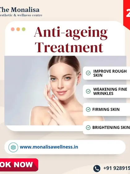 This graphic highlights the benefits of our anti-aging treatments, which include improving rough skin, weakening fine wrinkles, and firming and brightening the skin. Book now to enjoy a 25% discount.