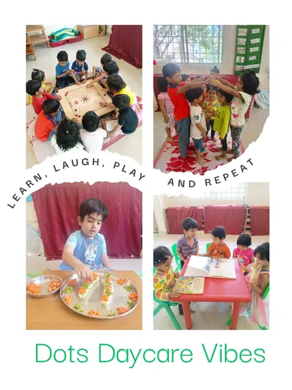 Dots daycare vibes are all about learning, laughing, and playing. Whether it's a game of carrom, a cooking activity, or reading together, our daycare is a happy and stimulating place to be.