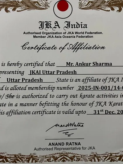 My academy is an officially recognized and affiliated member of the Japan Karate Association in India. This certificate is a guarantee that the training, grading, and instruction you receive here adhere to the highest international standards set by JKA World Federation.