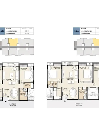 More examples of floor plans from the catalogue, showing different configurations for 2BHK and 3BHK apartments. This work is available to the public through the web tool econiwas.com.