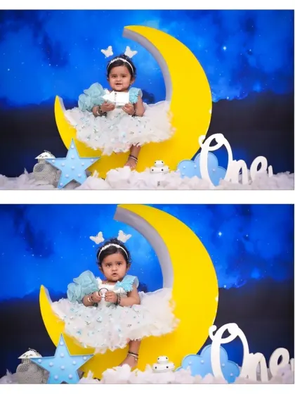 This two-photo layout showcases both a full-body shot on the moon prop and a slightly closer view, capturing different expressions from the baby girl.