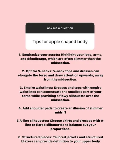 A quick Q&A card with my top tips for an apple-shaped body, including emphasizing assets, opting for V-necks, and using structured pieces.