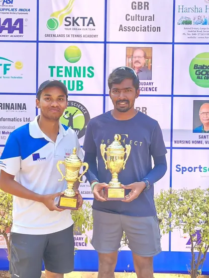 Coach Raju Muthukrishnan with his partner after winning the ITF World Masters 200 in Hyderabad. Another international title for our coaching team.