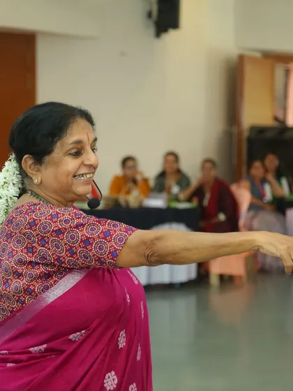 Training seventy teachers from forty schools in Indore was a wonderful experience. Here, I am demonstrating a technique, filled with the energy and positive vibrations that filled the room throughout the session.