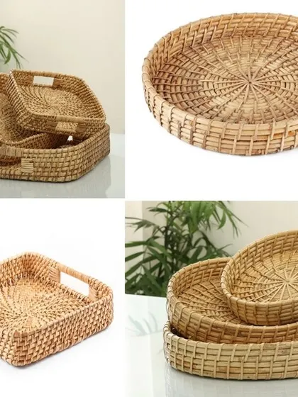 These handwoven rattan trays are perfect for serving drinks and snacks or for organizing items on a coffee table or counter. Available in various shapes and sizes, they are a functional and stylish addition to any home or hotel.