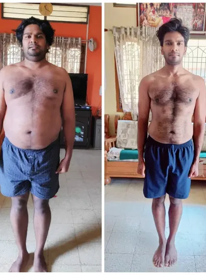 A full-body before-and-after of Yogesh, demonstrating his 30 kg weight loss.
