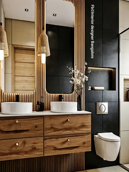 This bathroom design features a double vanity with two vessel sinks on a floating wooden counter. The backdrop of vertical wood slats and dual mirrors with woven pendant lights creates a warm, rustic, and contemporary aesthetic.