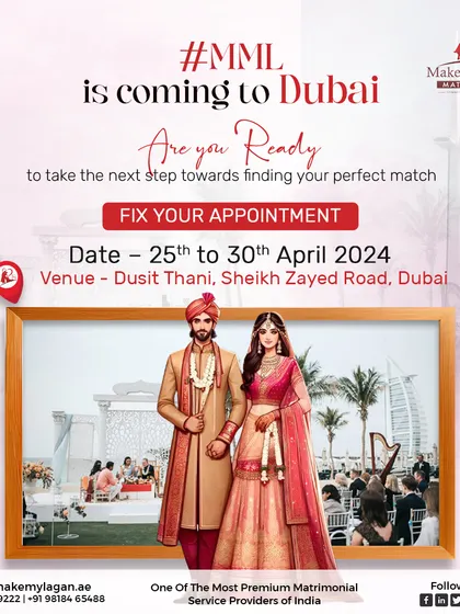 Make My Lagan is coming to Dubai! This is your chance to meet our founder in person and discover how we can help you find your ideal partner. Book your appointment to take the first step towards your happily ever after.