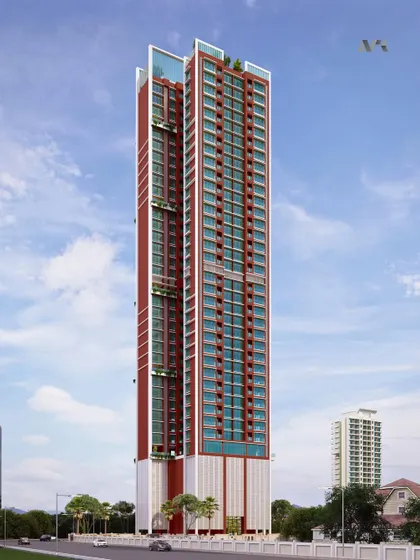 A full view of the Centrico residential tower. Its bold red accents and dynamic form are designed to make a strong statement on the Mumbai skyline, offering a unique vision for high-end urban living.