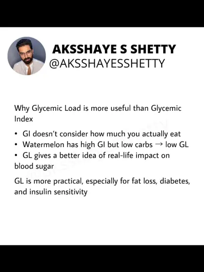 Why is Glycemic Load more useful? GI doesn't consider portion size. Watermelon has a high GI but is low in carbs per serving, giving it a low GL. GL is more practical for managing fat loss, diabetes, and insulin sensitivity.