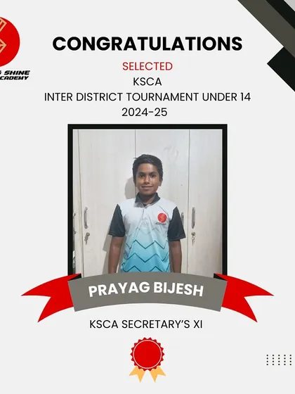A proud moment for us as our talented leg spinner, Prayag Bijesh, is selected for the Secretary XI in the KSCA Inter District U-14 Tournament.