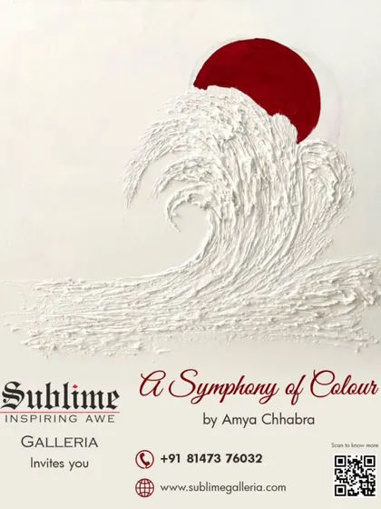 The invitation for 'A Symphony of Colour' by Amya Chhabra, featuring a textured artwork of a wave under a red sun. This piece highlights the artist's use of bold color and texture.