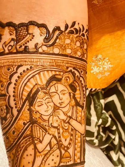 A stunning Radha-Krishna portrait, a symbol of divine love, perfect for a bridal design.