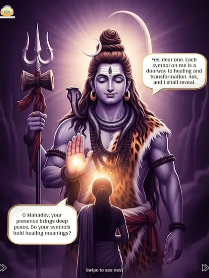 An introductory image from the Shiva symbols series, where a devotee asks Mahadev if his symbols hold healing meanings.