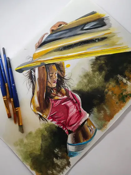 The finished acrylic painting of Megan Fox. While I wasn't completely happy with the background, I learned a lot about using acrylics for portraits and was pleased with how the main subject turned out.