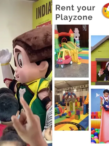Rent your playzone with me, the best provider in Mumbai. This collage includes a Chhota Bheem mascot, a large slide, and a playhouse, showing the different elements I can bring to your event.